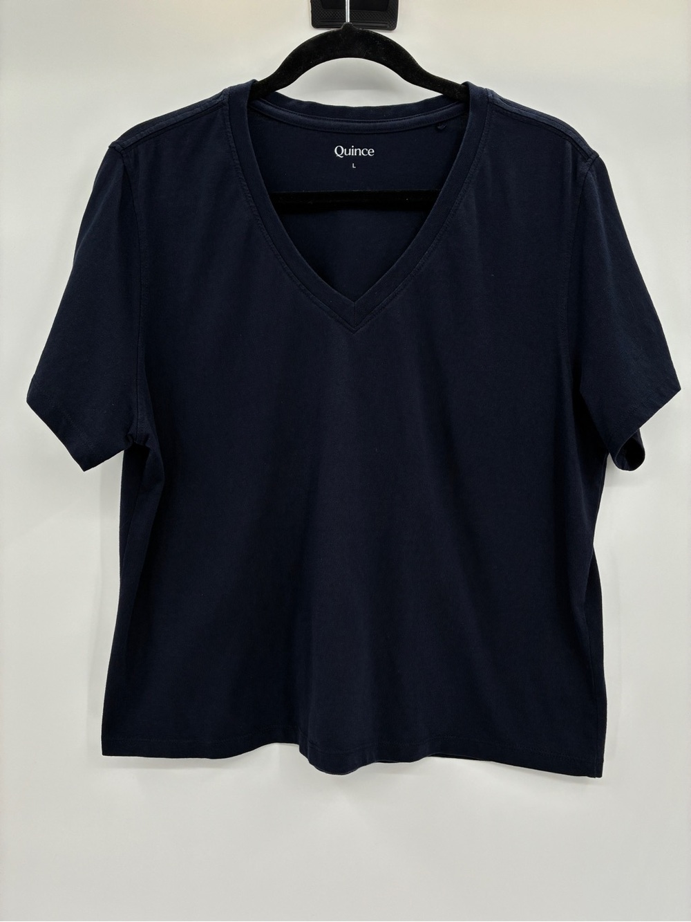 Quince Women’s Navy Blue Organic Cotton Boxy V-Neck Crop Tee T-Shirt Top Large